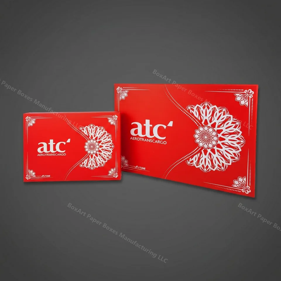 ATC Two-Piece Box — Small & Large — luxury rigid boxes manufactured in Dubai by BOXART — Two rigid presentation sizes in the ATC red mandala range — matching artwork across the collection.