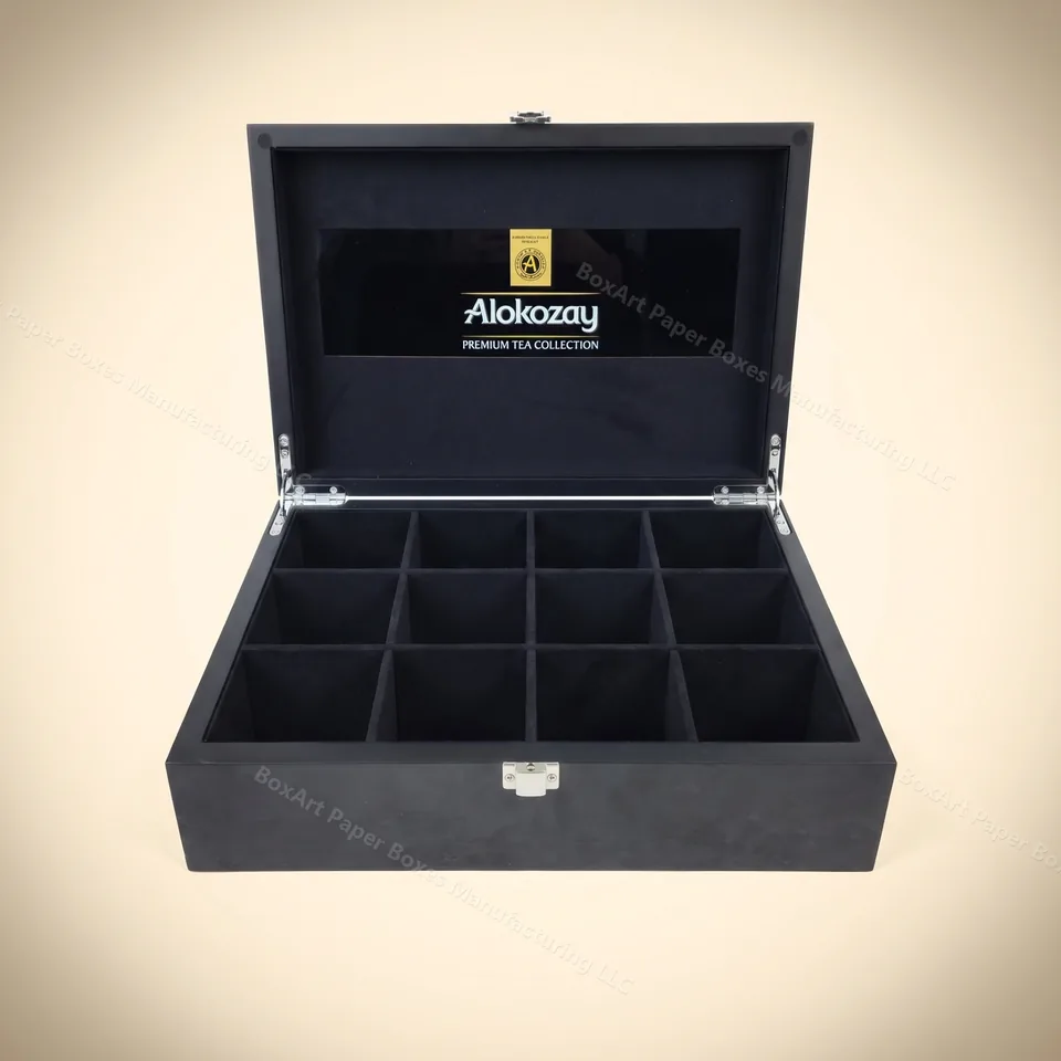 Alokozay Premium Tea Chest — 12 Compartments — luxury wooden boxes manufactured in Dubai by BOXART — Handcrafted MDF tea presentation chest with satin-black finish, velvet-flocked compartments and chrome hardware.